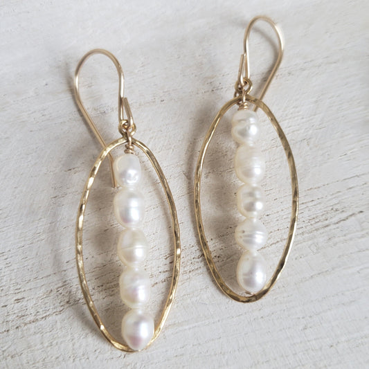 Pearl Hammered Oval Dangle Earrings
