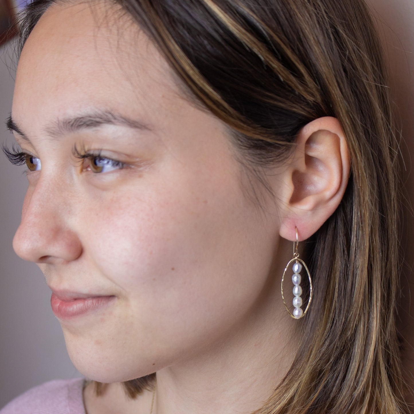 Pearl Hammered Oval Dangle Earrings
