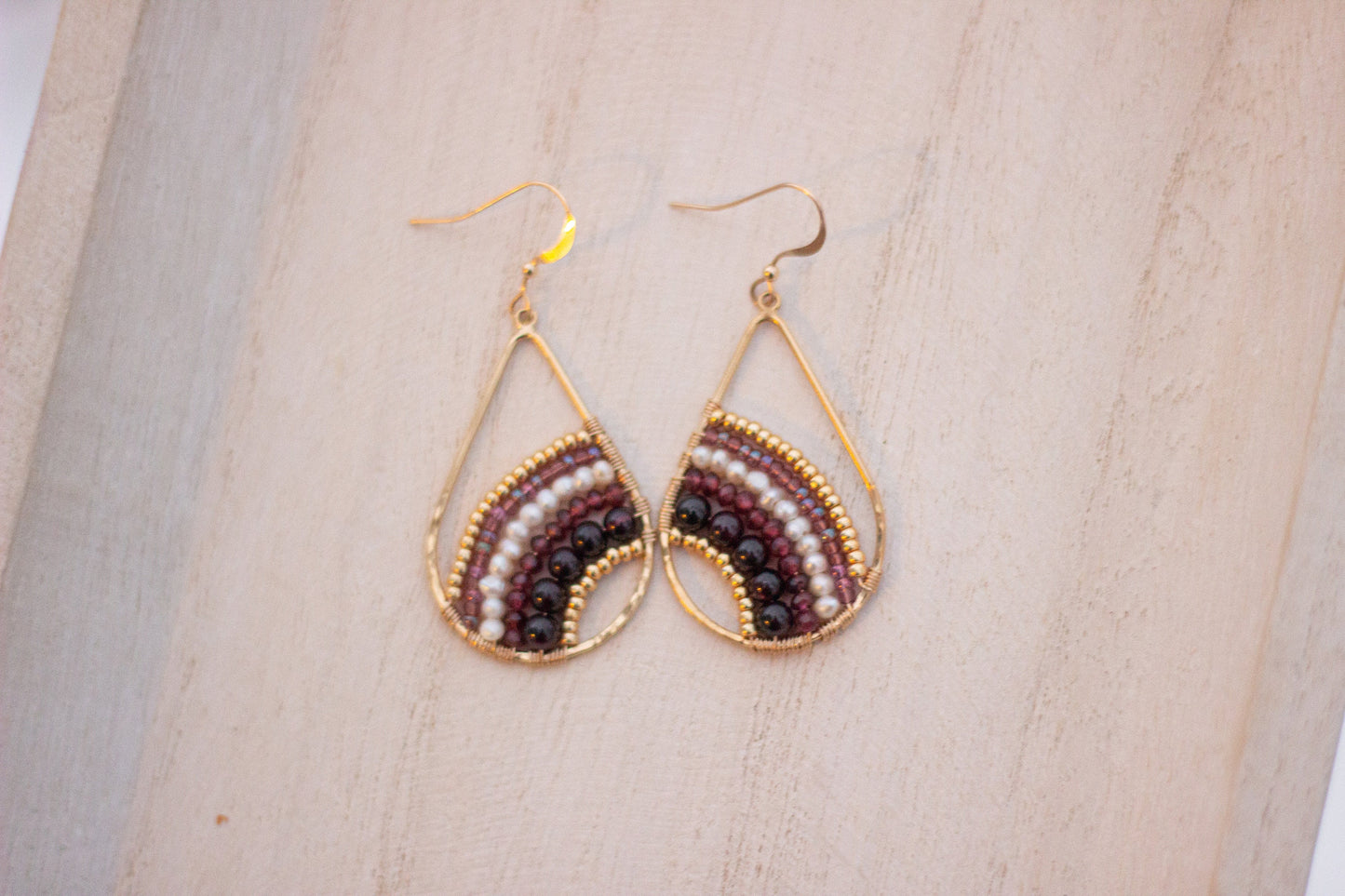 Garnet and Pearl Arch Teardrop Earrings