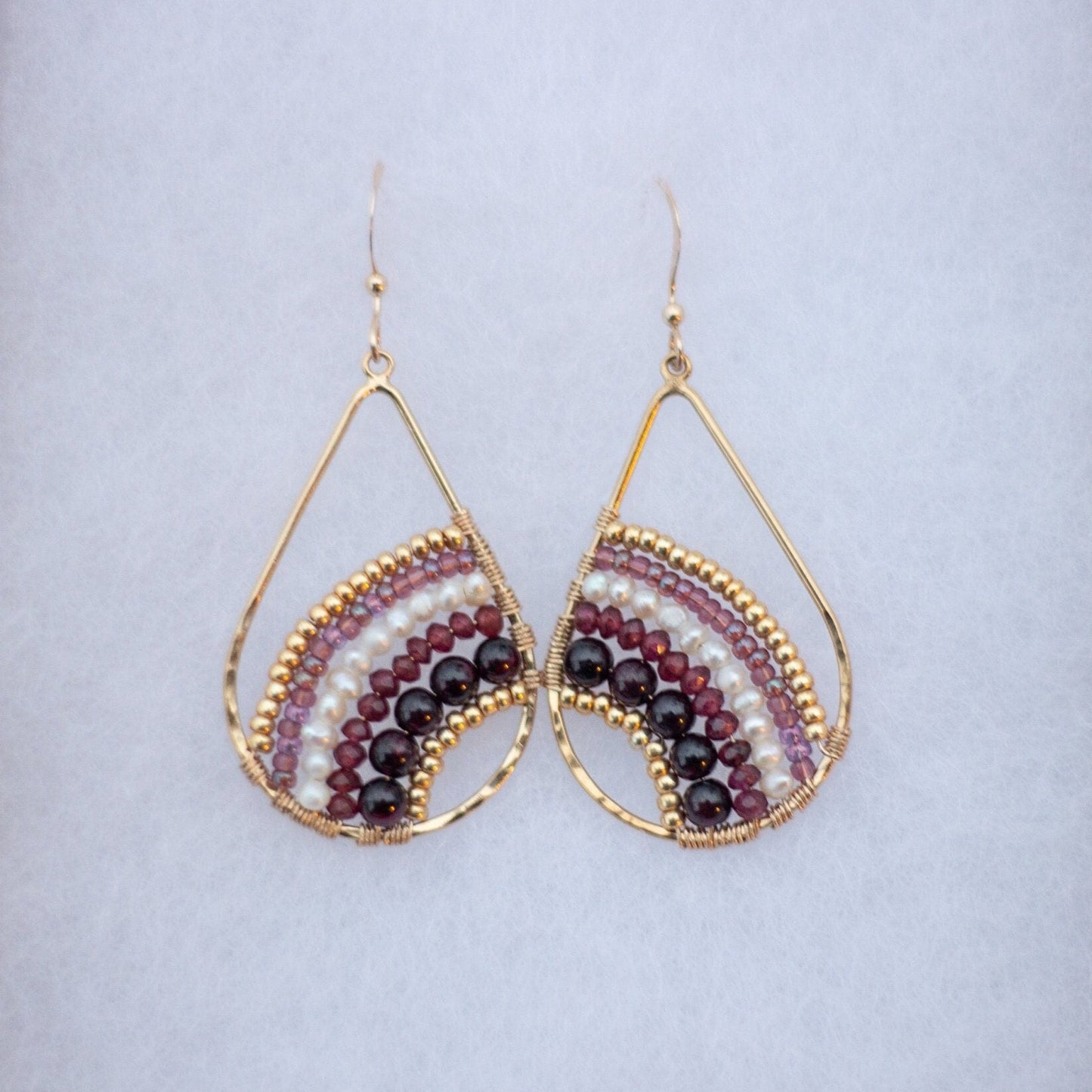 Garnet and Pearl Arch Teardrop Earrings
