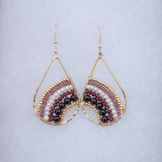Garnet and Pearl Arch Teardrop Earrings