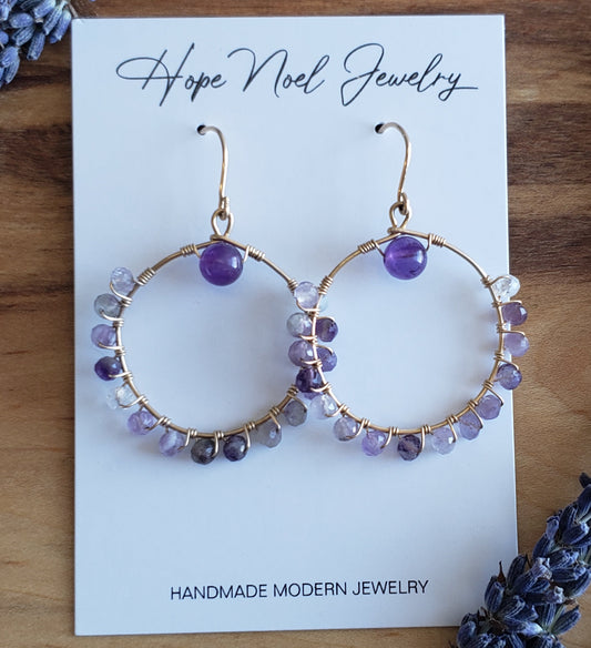 Amethyst Wire Wrapped Dangle Hoops