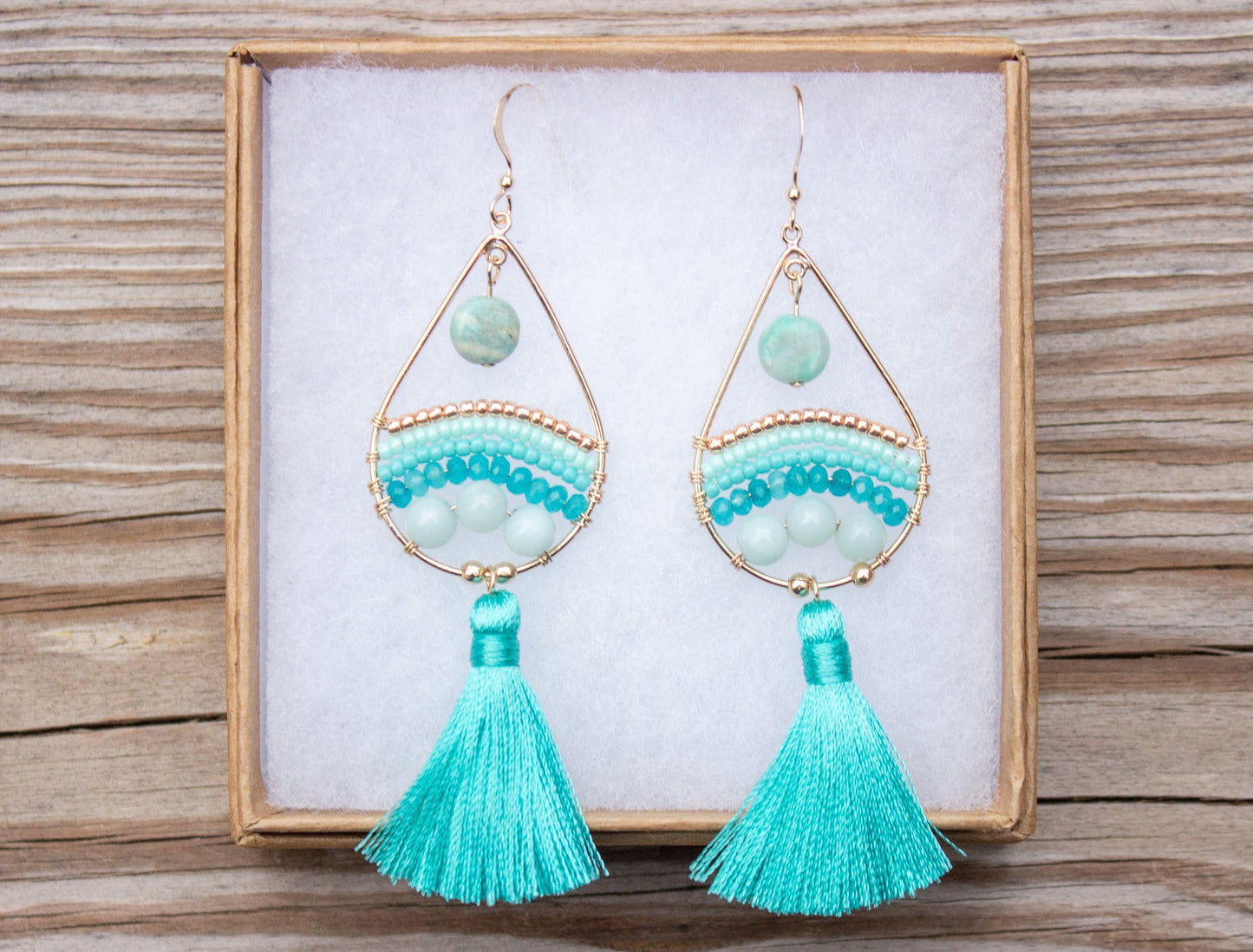 Turquoise Amazonite and Jade Beaded Tassel Earrings
