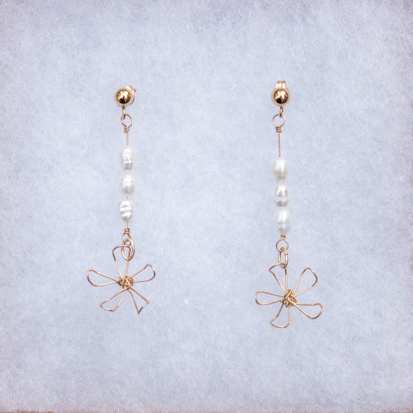 Wire Wrapped Flower and Pearl Dangle Earrings